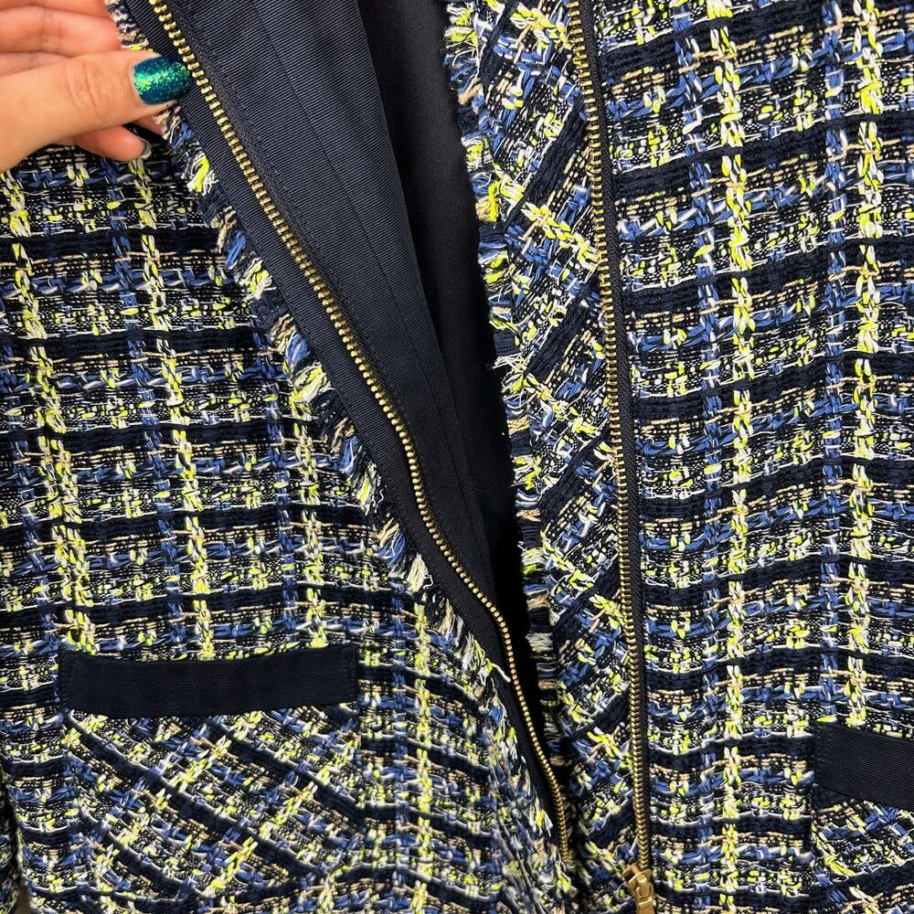Ann Taylor Tweed Blazer Jacket Blue Green Cream Plaid Zip Front Collared 12 EUC - Picture 7 of 15